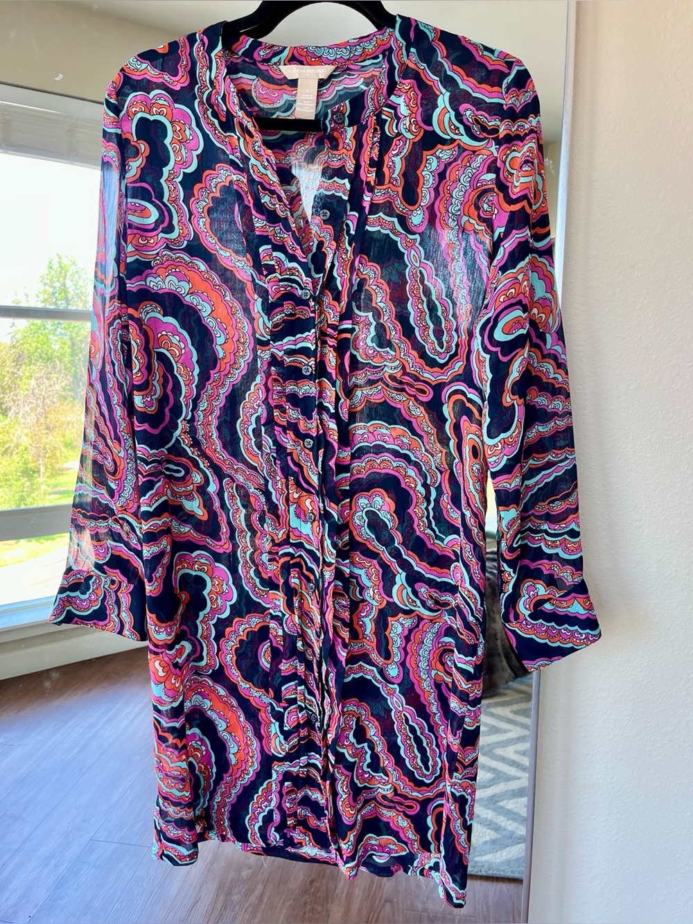 Banana Republic button up sheer tunic / duster in navy, pink, turquoise